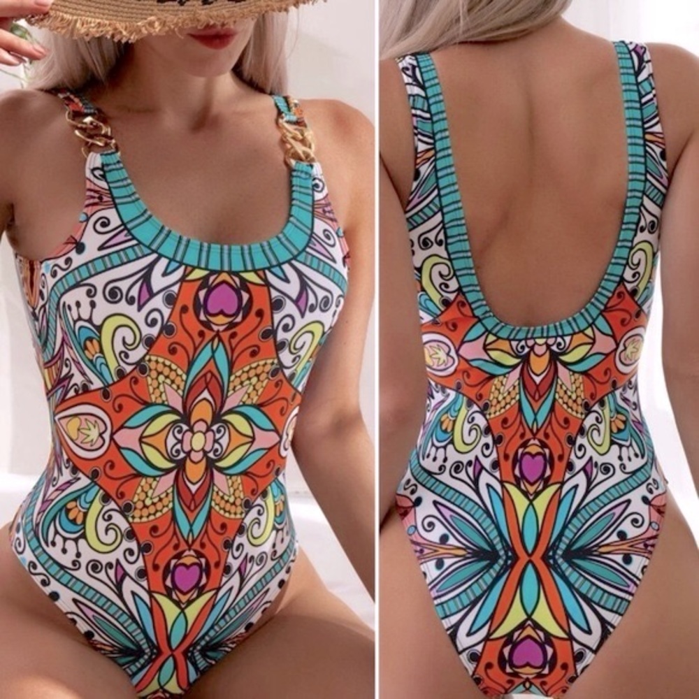 NEW-Floral Print-Gold Chain Linked Shoulder-1
Piece Swimsuit-Multicolor-L (8/12)